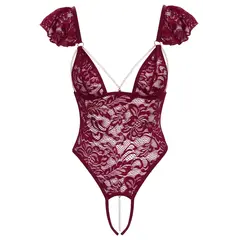 Еротично боди бордо с дантела, перли и отворено дъно, Cottelli LINGERIE
