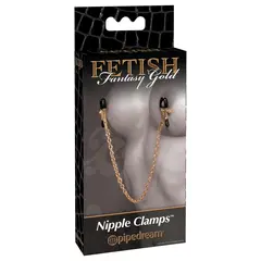Щипки за зърна Fetish Fantasy Gold Chain – златно/черни, регулируеми, с верижка, 42 см.