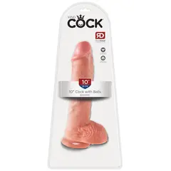 Масивно дилдо King Cock 10" с тестиси – вендуза, изваяна форма, 25.4 см, светъл телесен цвят