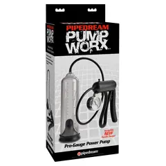 Пенис помпа Pump Worx Pro-Gauge Power Pump – прозрачен / черен, с вакуум и манометър, 21.6 см