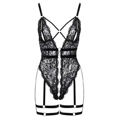 Еротично дантелено боди с отворено дъно и кадифени харнеси, Cottelli LINGERIE