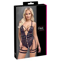Еротично дантелено боди с отворено дъно и кадифени харнеси, Cottelli LINGERIE