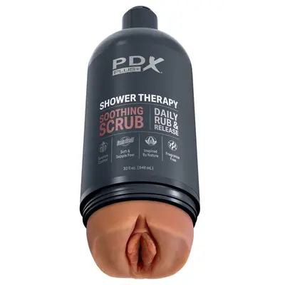 Мастурбатор Shower Therapy Soothing Scrub PDX Plus – телесен тъмен цвят, вагинален канал, със засмукване, 20.7 см