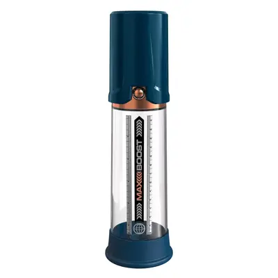 Пенис помпа Pump Worx Max Boost – син / прозрачен, с вакуум и измервателна скала, 28.6 см