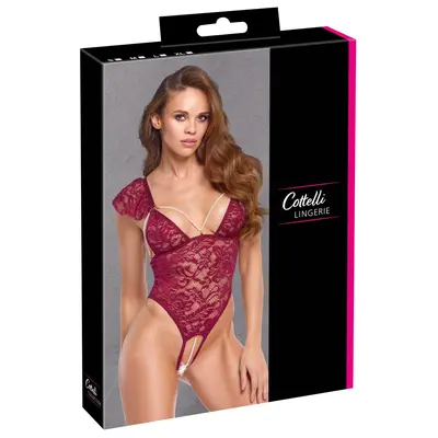 Еротично боди бордо с дантела, перли и отворено дъно, Cottelli LINGERIE