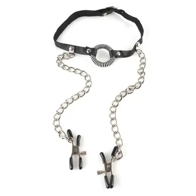 BDSM наустник с O-ring и щипки за зърна O-Ring Gag Nipple Clamps Fetish Fantasy Series – черен/сребрист