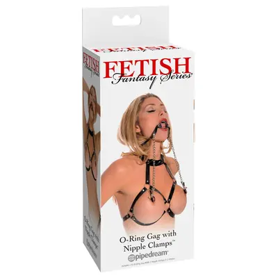 BDSM наустник с O-ring и щипки за зърна O-Ring Gag Nipple Clamps Fetish Fantasy Series – черен/сребрист