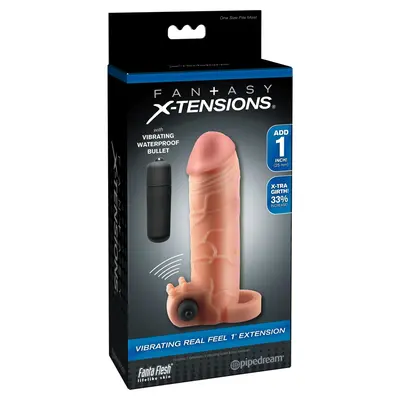 Пенис удебелител с вибрация 16 см Real Feel Extension Fantasy X-tensions, пръстен за тестиси, телесен