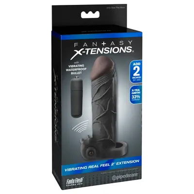 Пенис удебелител с вибрация 16 см Real Feel Extension Fantasy X-tensions, пръстен за тестиси, тъмен телесен