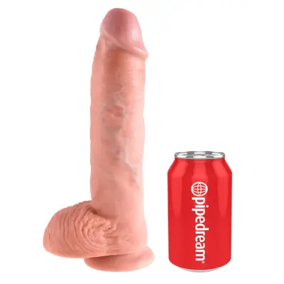 Масивно дилдо King Cock 10" с тестиси – вендуза, изваяна форма, 25.4 см, светъл телесен цвят