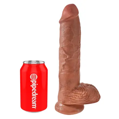 Масивно дилдо King Cock 10" с тестиси – вендуза, изваяна форма, 25.4 см, светъл телесен цвят