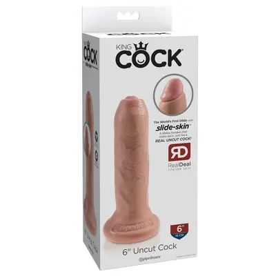 Дилдо King Cock 6" Uncut – необрязана форма, подвижна кожичка, вендуза, 16.5 см., светъл телесен цвят