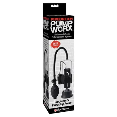 Пенис помпа Pump Worx Beginner’s Vibrating Pump – прозрачен / черен, с вакуум и вибрация, 22 см