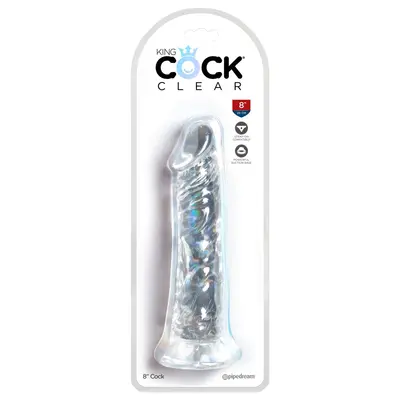 Масивно прозрачно дилдо King Cock Clear 8" – вендуза, гъвкав ствол, 21,8 см