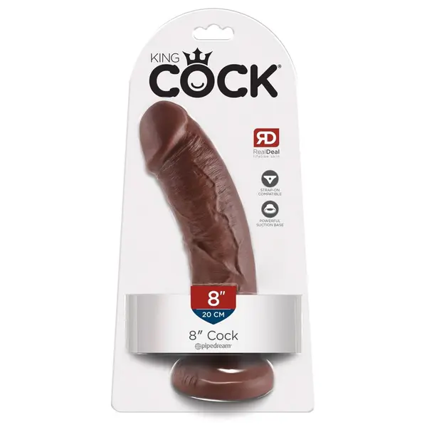 Масивно дилдо King Cock 8" – вендуза, извит ствол, 21,5 см, кафяв цвят