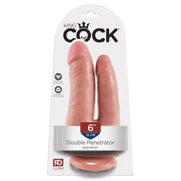 Двойно масивно дилдо King Cock Double Penetrator – вендуза, изваяна форма, 21 см, светъл телесен цвят