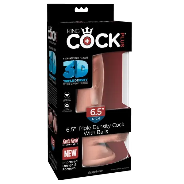 Масивно дилдо King Cock Plus 6.5" Triple Density с тестиси – вендуза, 20,3 см, светъл тен