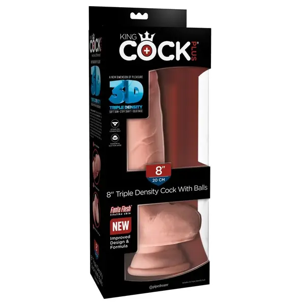 Масивно дилдо King Cock Plus 8" Triple Density с тестиси – вендуза, 24,1 см, светъл тен
