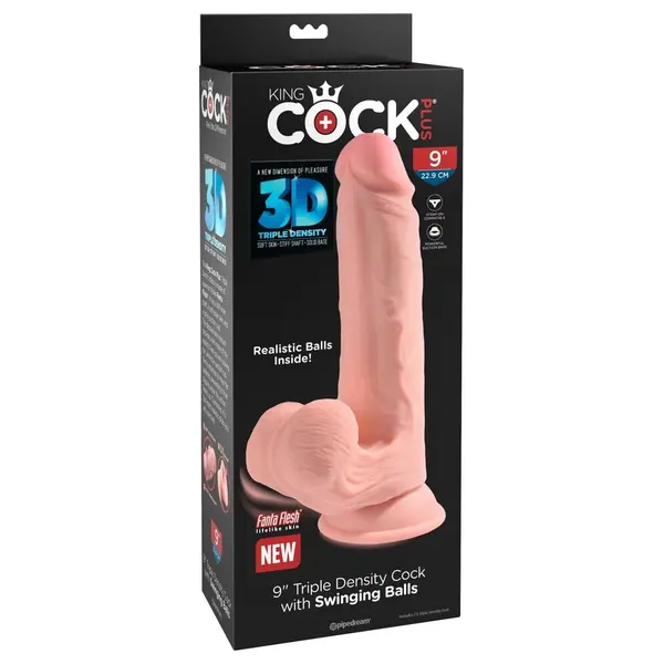 Дилдо King Cock Plus 9" Pipedream – вендуза, люлеещи се тестиси, 26 см, светъл тен