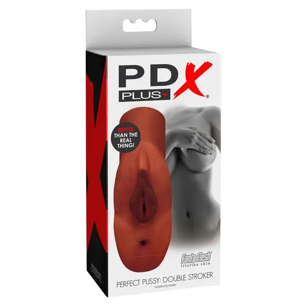 Мастурбатор Perfect Pussy Double Stroker PDX Plus – телесен тъмен цвят, вагинален и анален канал, със засмукване, 14.2 см