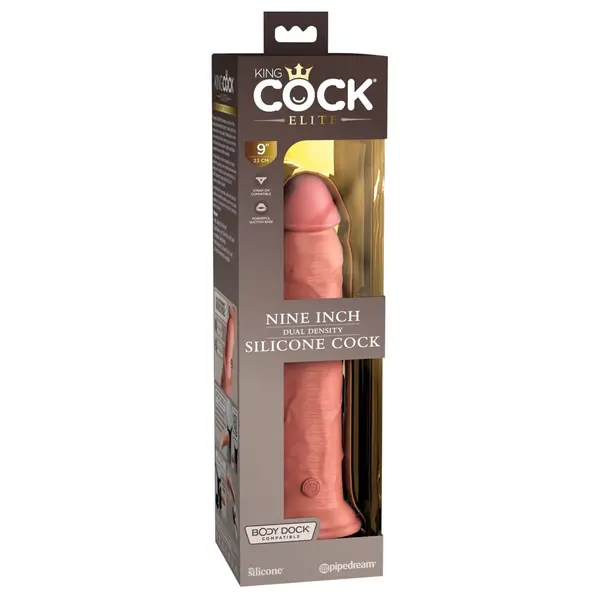 Масивно силиконово дилдо King Cock Elite 9" Dual Density – вендуза, твърдо ядро, 24,8 см, светъл тен
