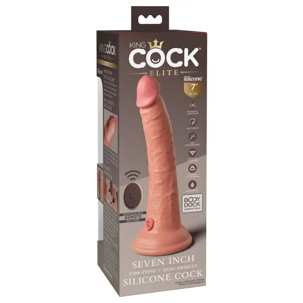 Масивно вибриращо силиконово дилдо King Cock Elite 7" с дистанционно – двойна плътност, вендуза, 21 см, светъл тен