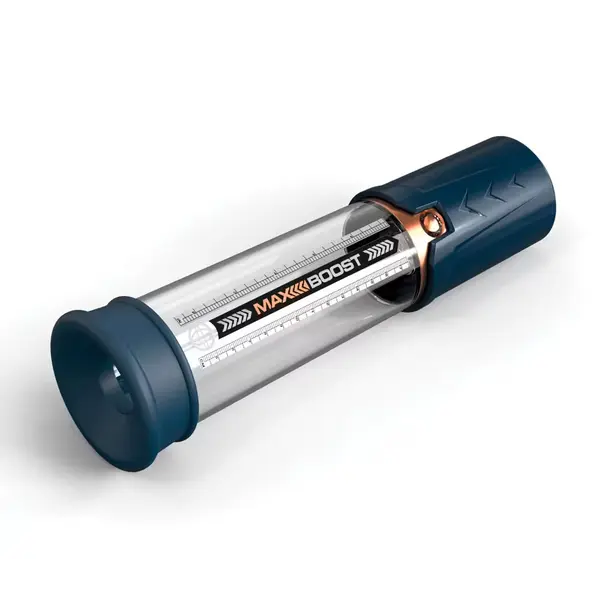 Пенис помпа Pump Worx Max Boost – син / прозрачен, с вакуум и измервателна скала, 28.6 см