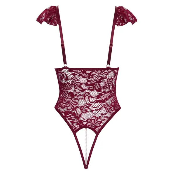 Еротично боди бордо с дантела, перли и отворено дъно, Cottelli LINGERIE