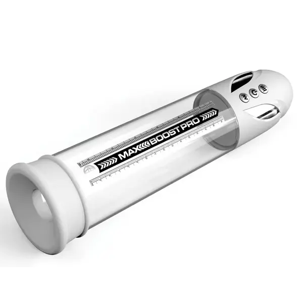 Пенис помпа Pump Worx Max Boost Pro Flow – бял / прозрачен, автоматична, с вакуум и измервателна скала, 28.6 см