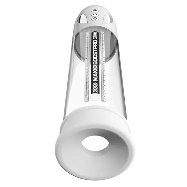 Пенис помпа Pump Worx Max Boost Pro Flow – бял / прозрачен, автоматична, с вакуум и измервателна скала, 28.6 см