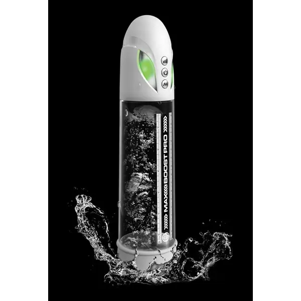 Пенис помпа Pump Worx Max Boost Pro Flow – бял / прозрачен, автоматична, с вакуум и измервателна скала, 28.6 см