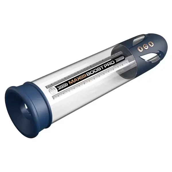 Пенис помпа Pump Worx Max Boost Pro Flow – син / прозрачен, автоматична, с вакуум и измервателна скала, 28.6 см