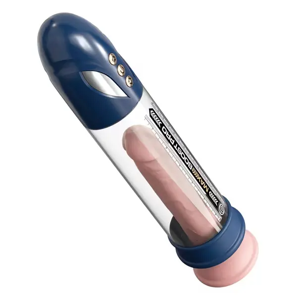 Пенис помпа Pump Worx Max Boost Pro Flow – син / прозрачен, автоматична, с вакуум и измервателна скала, 28.6 см