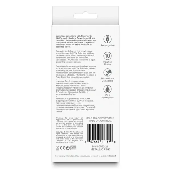 Метален вибратор Inya Shimmer, Розов металик, 10 Функции, 12 см.