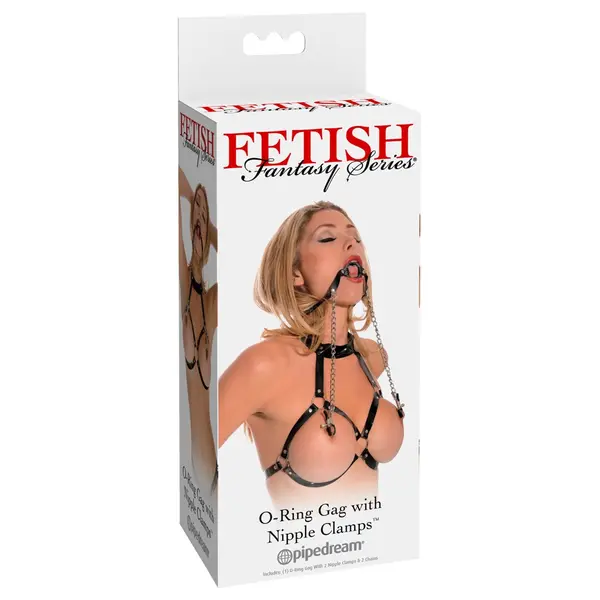 BDSM наустник с O-ring и щипки за зърна O-Ring Gag Nipple Clamps Fetish Fantasy Series – черен/сребрист