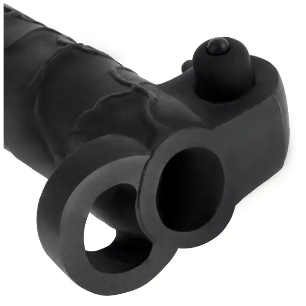 Пенис удебелител с вибрация 16 см Real Feel Extension Fantasy X-tensions, пръстен за тестиси, тъмен телесен