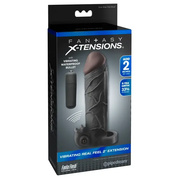 Пенис удебелител с вибрация 16 см Real Feel Extension Fantasy X-tensions, пръстен за тестиси, тъмен телесен