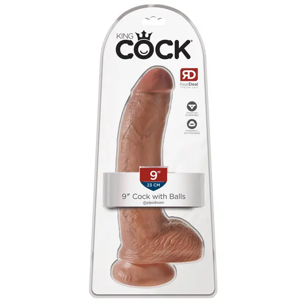 Масивно дилдо King Cock 9" с тестиси – вендуза, изваяна форма, 22.9 см, светъл телесен цвят