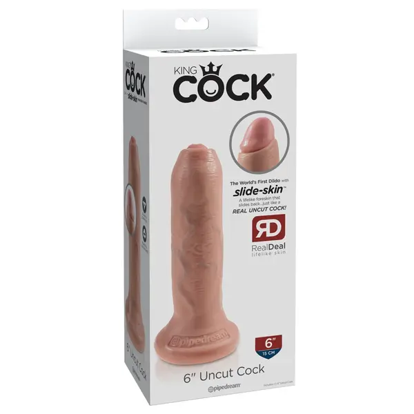 Дилдо King Cock 6" Uncut – необрязана форма, подвижна кожичка, вендуза, 16.5 см., светъл телесен цвят