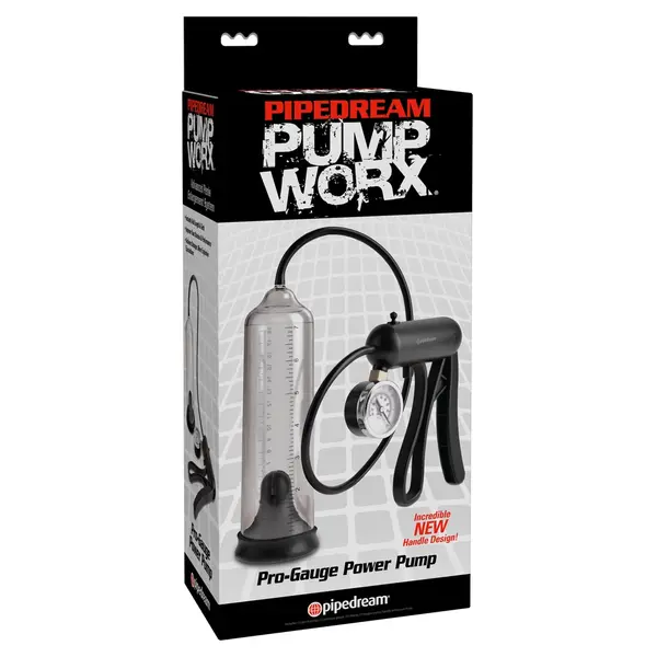 Пенис помпа Pump Worx Pro-Gauge Power Pump – прозрачен / черен, с вакуум и манометър, 21.6 см