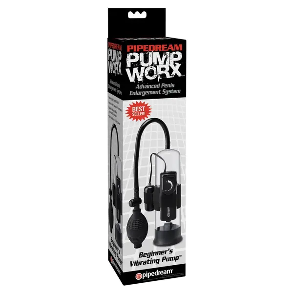 Пенис помпа Pump Worx Beginner’s Vibrating Pump – прозрачен / черен, с вакуум и вибрация, 22 см
