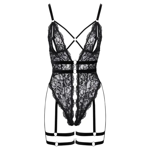 Еротично дантелено боди с отворено дъно и кадифени харнеси, Cottelli LINGERIE