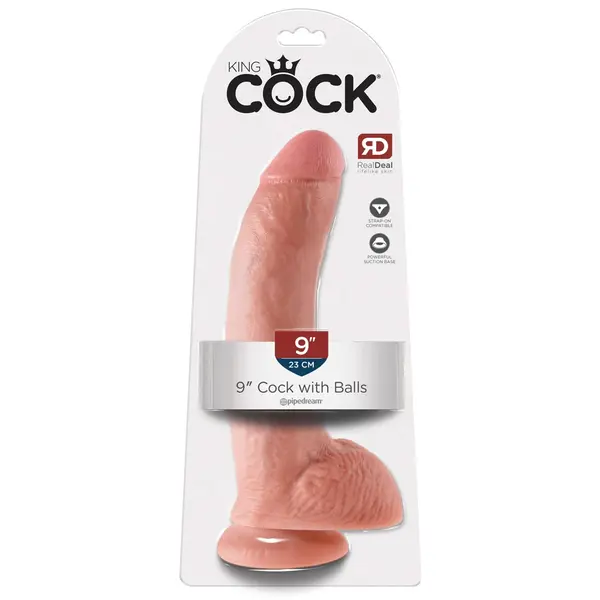 Масивно дилдо King Cock 9" с тестиси – вендуза, изваяна форма, 22.9 см, светъл телесен цвят