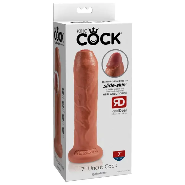 Дилдо King Cock 7" Uncut – необрязана форма, подвижна кожичка, вендуза, 17.8 см., тъмен телесен цвят