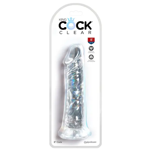 Масивно прозрачно дилдо King Cock Clear 8" – вендуза, гъвкав ствол, 21,8 см